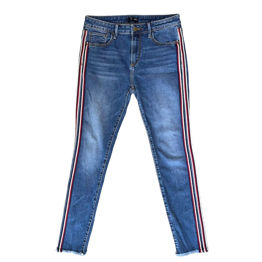 Aqua Festival Skinny Blue Jeans 28 Side Strap Red White Raw Hem Mid Rise